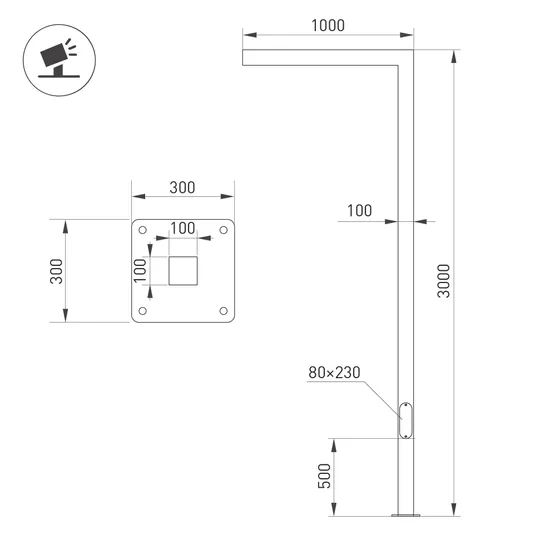 Фото #2 товара Опора OXOR-STER-G-1000x100x100-L3000-52W Warm3000 (BK, 230V) IP65 (Arlight, Сталь)