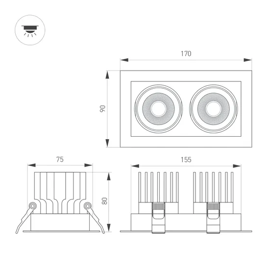 Фото #2 товара Светильник MS-VORTEX-BUILT-S170x90-2x12W Warm3000 (BK-BK, 20 deg, 230V) (Arlight, IP20 Металл, 5 лет)