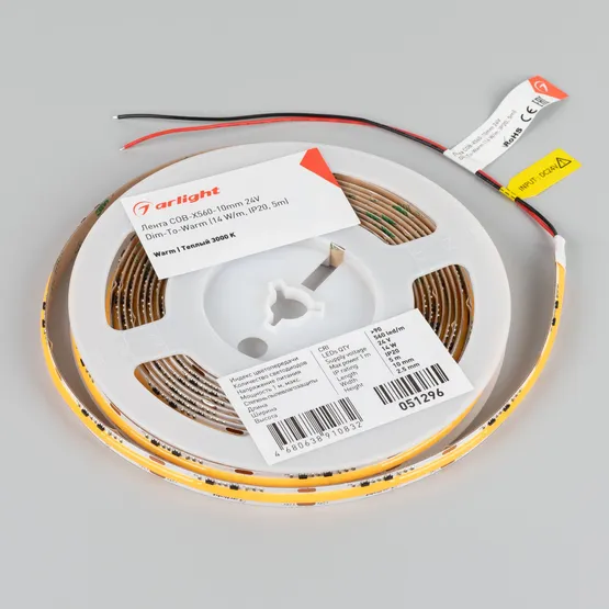 Фото #3 товара Светодиодная лента COB-X560-10mm 24V Dim-To-Warm (14 W/m, IP20, 5m) (Arlight, Dim-To-Warm)